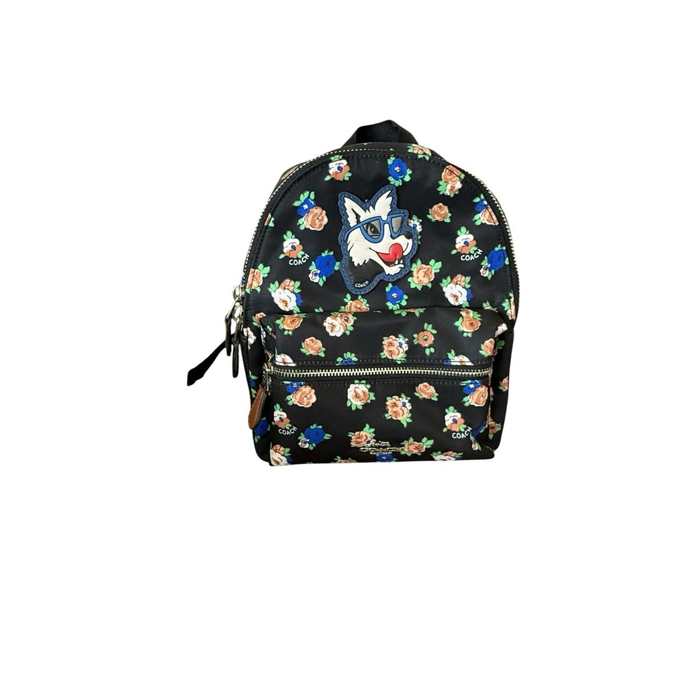 NWOT COACH Charlie Tea Rose Floral Wolf Patch Mini Backpack